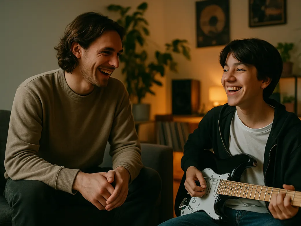 Un prof et son élève rient ensemble pendant un cours de guitare électrique, dans un salon