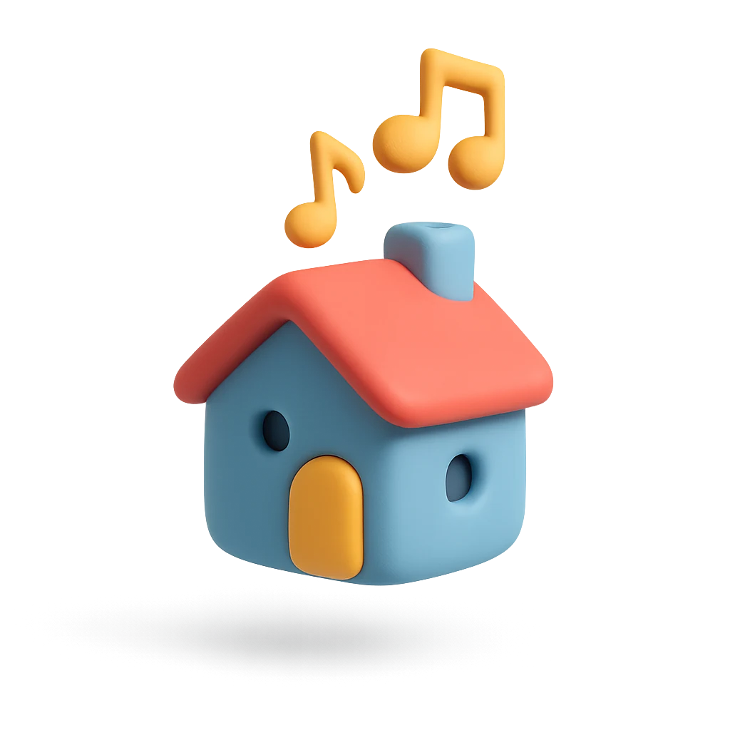 Maison stylisée avec des notes de musique qui s'échappent par la cheminée