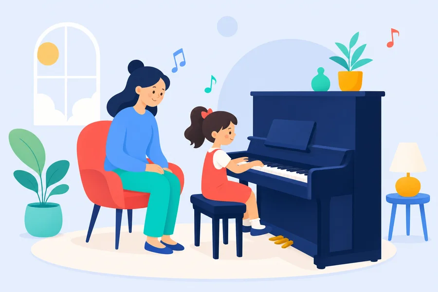 Illustration : cours de piano à domicile pour un enfant avec sa professeure